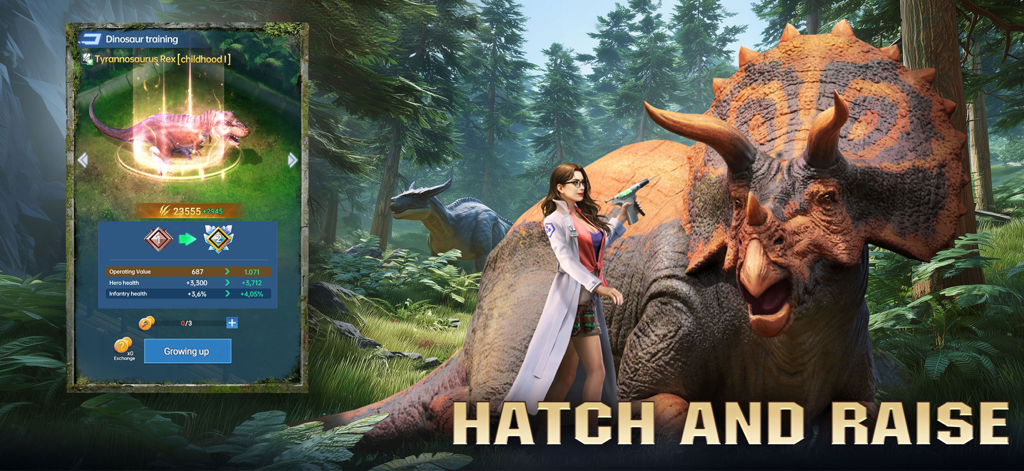 De-Extinct: Jurassic Dinosaurs - Scientist standing next to a Triceratops with a T-Rex training interface overlay in De-Extinct Jurassic Dinosaurs