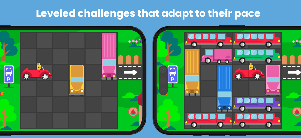 Kokoro Kids: educational games - Kokoro Kids app screens showing two different difficulty levels of a car-themed logic puzzle for children