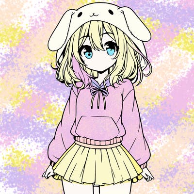 pretty anime girl wearing a fluffy hoodie with bunny ears on the hood and a skirt
