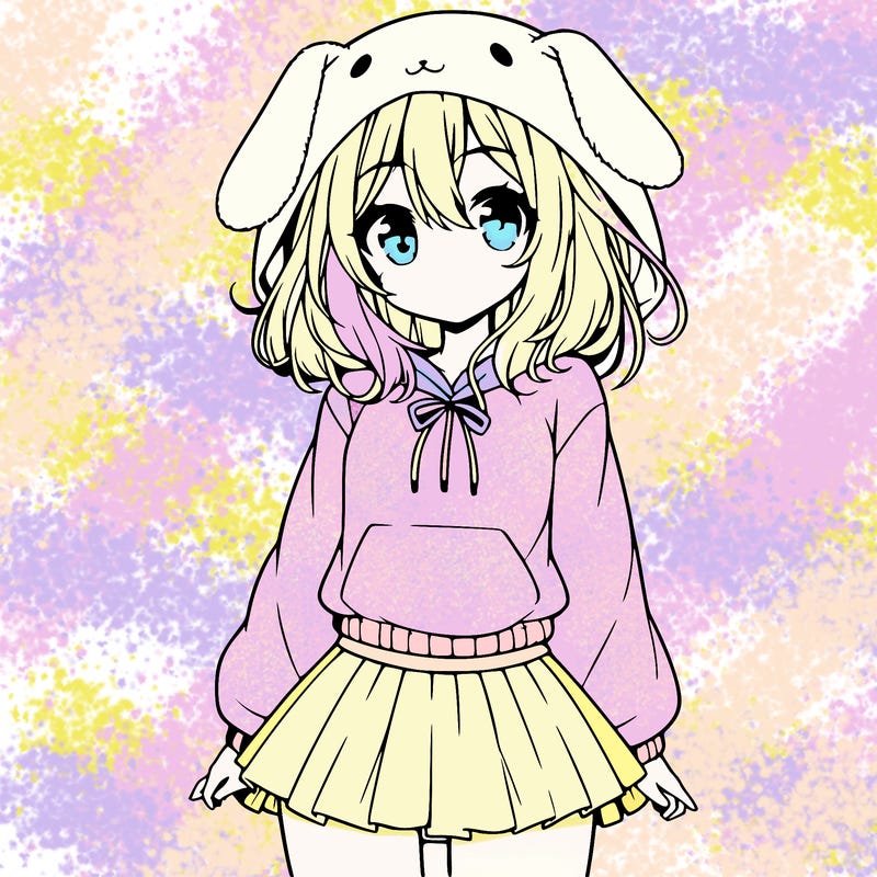 pretty anime girl wearing a fluffy hoodie with bunny ears on the hood and a skirt