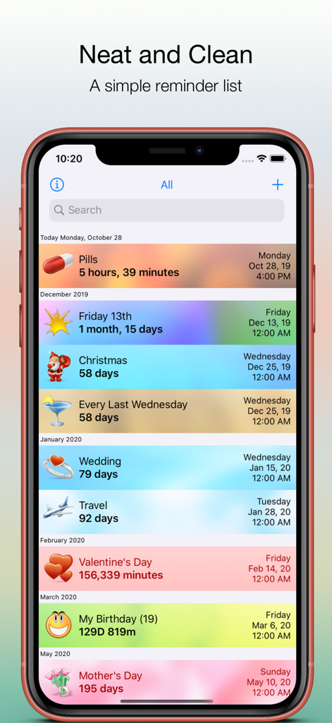 Reminder & Countdown Pro - A smartphone screen displaying a neat list of colorful reminder cards for upcoming events and countdowns.