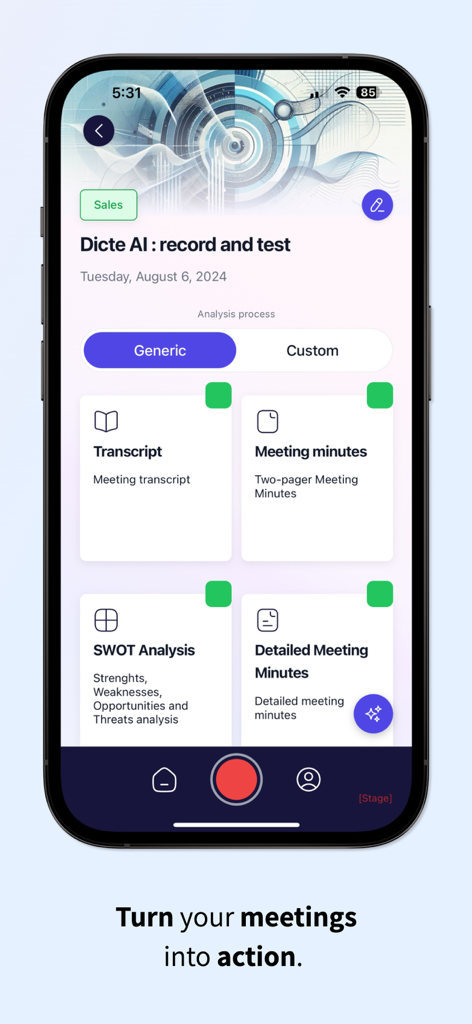 Dicte: AI Meeting Assistant - Interface de l'application Dicte AI affichant les fonctionnalités d'analyse de réunion, y compris l'analyse SWOT et les comptes-rendus de réunion
