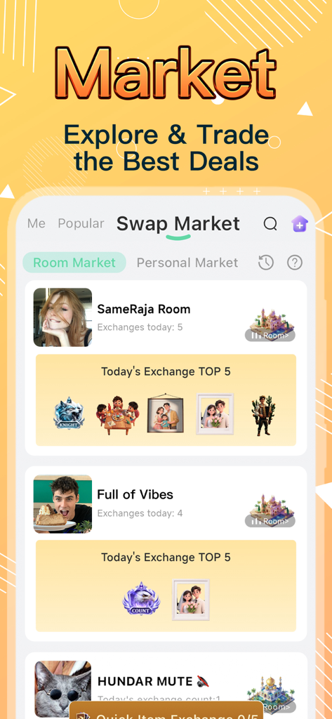 Haza app swap market interface for trading virtual items and gifts in voice chat rooms.