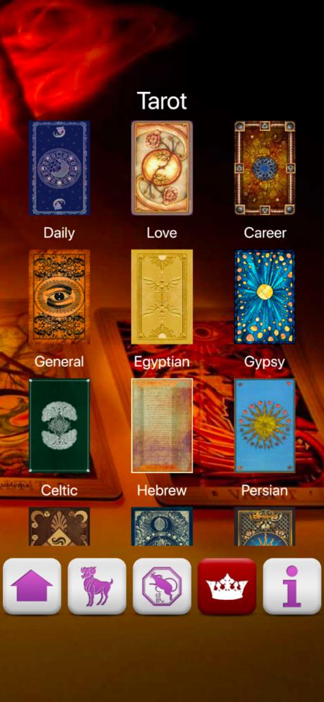 Horoscopes and Tarots - Menú de lectura de cartas del tarot con opciones para lecturas diarias de amor y carrera