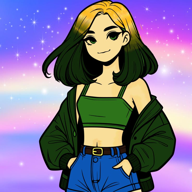 a realistic girl with a crop top and short shorts in an open jacket