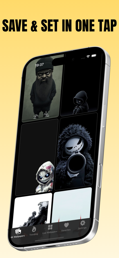 Silly Smiles 4K Live - Smartphone screen displaying edgy character wallpapers in the Silly Smiles 4K Live app interface.