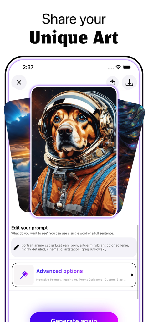 Sabai Artアプリのインターフェースに、宇宙飛行士の犬のユニークなAI生成画像と、共有やプロンプト編集のオプションが表示されている。