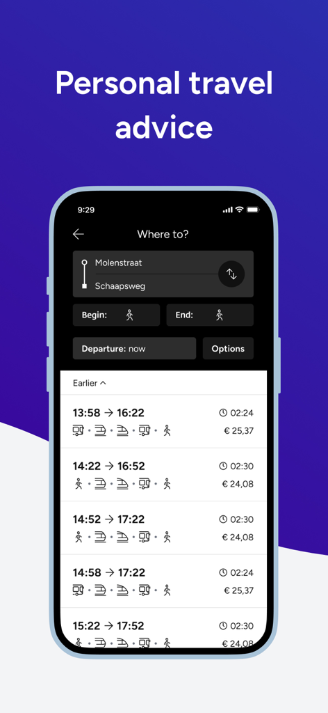 iPhone screen displaying personal travel advice with multiple transit routes, times, and prices in the 9292 app