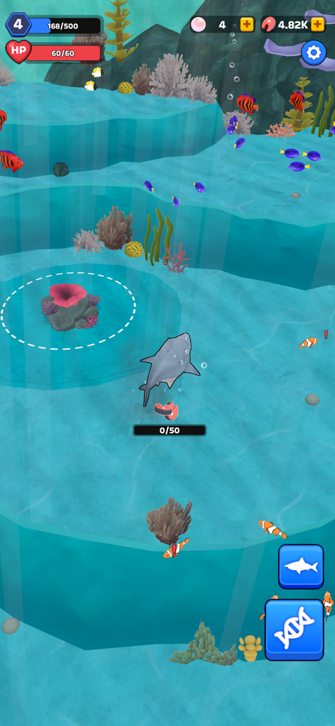 A shark swimming through a 3D ocean environment with tropical fish and coral reefs in Shark Universe