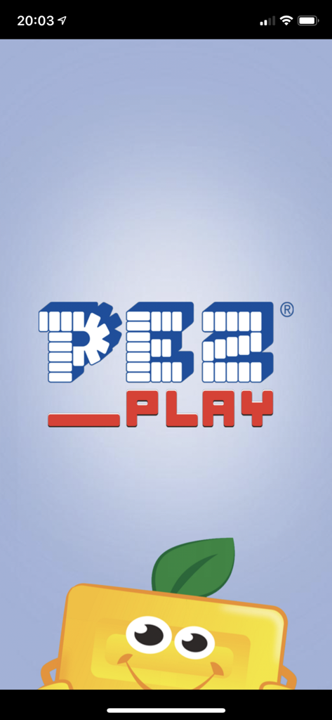 PEZ Play - Ecrã inicial da aplicação PEZ Play com o logótipo e uma personagem amarela sorridente de rebuçado PEZ
