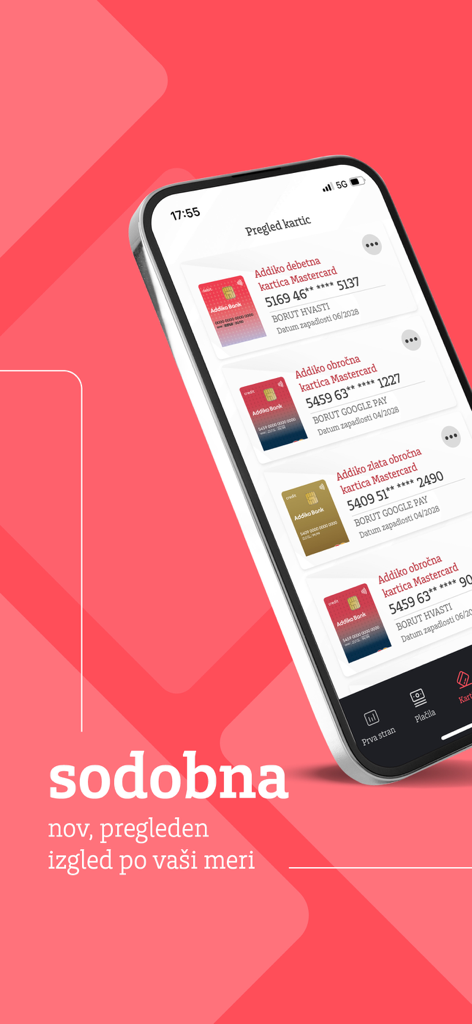 Addiko Mobile Slovenija app interface displaying a list of debit and credit Mastercard cards