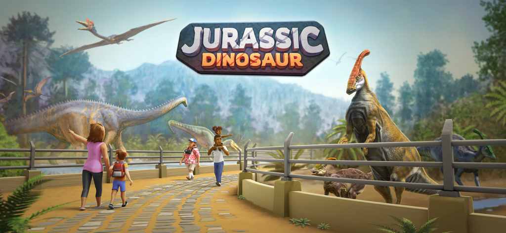 Jurassic Dinosaur: Park Game - Visitantes explorando un parque temático prehistórico con dinosaurios en un juego de simulación.