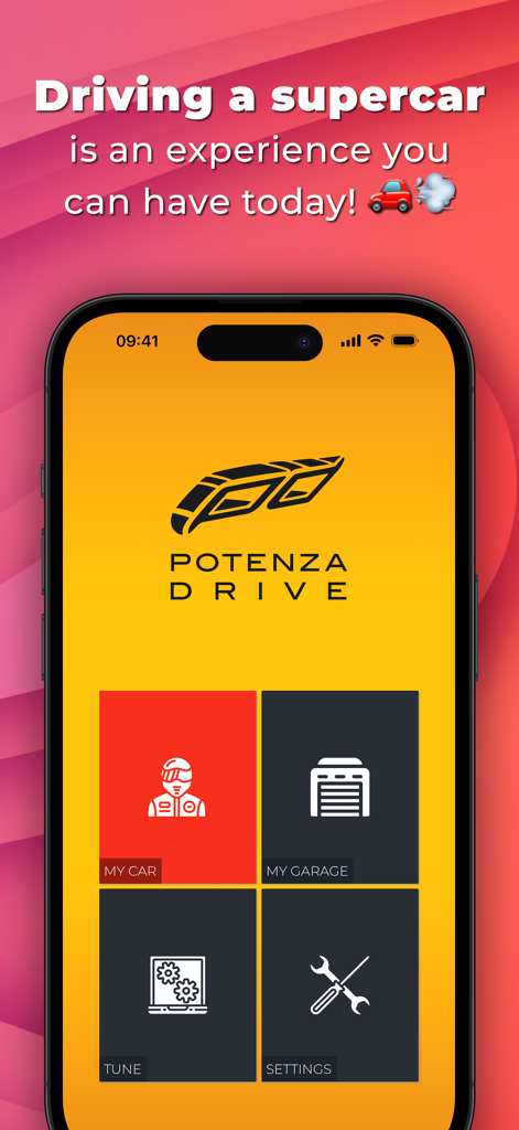 Potenza Drive: Engine Sounds - Potenza Drive app home screen showing menu options for My Car My Garage Tune and Settings on a yellow background.