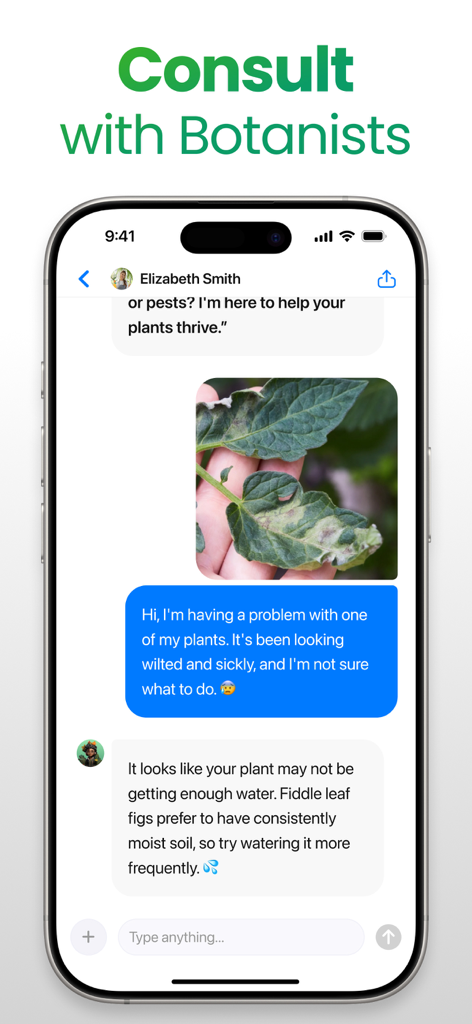 Plant App: Plant Identifier - Mobile app screen showing a chat interface for consulting with a botanist about plant health