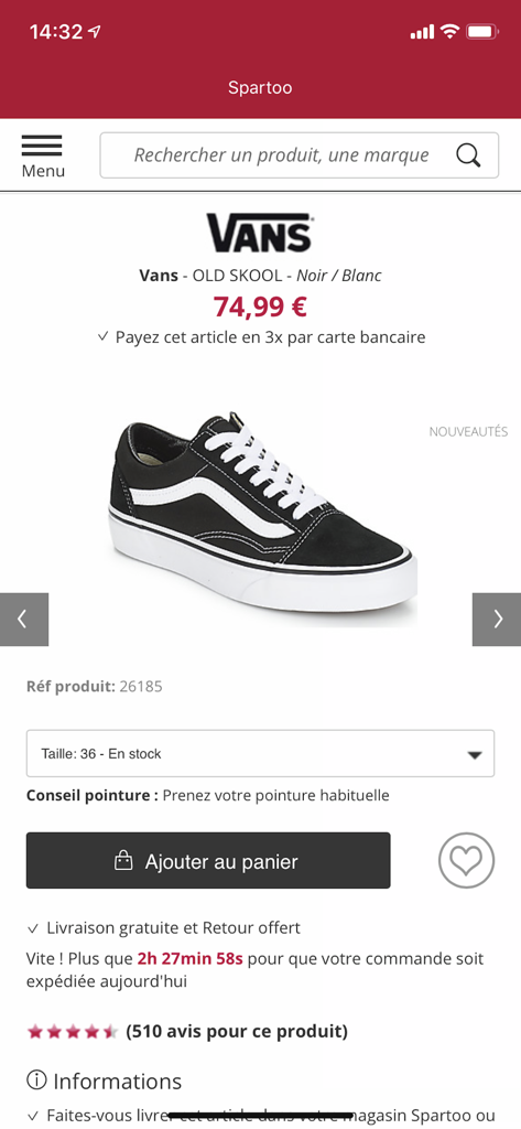 Shoes and fashion Spartoo - A product page for black and white Vans Old Skool sneakers on the Spartoo mobile shopping app.