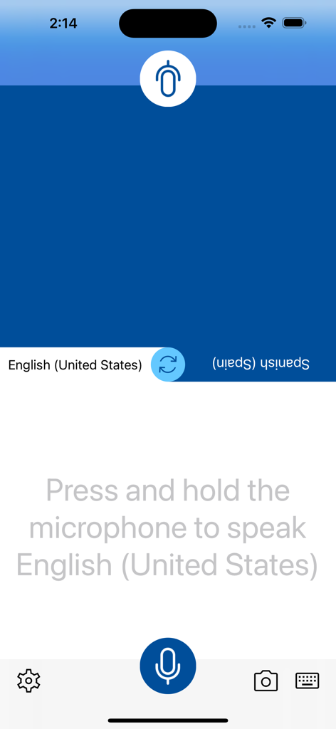 Split-screen interface for real-time face-to-face voice translation between English and Spanish