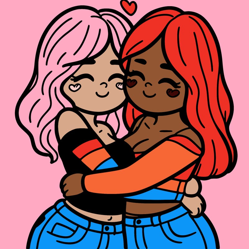 two females (pride month) hugging
