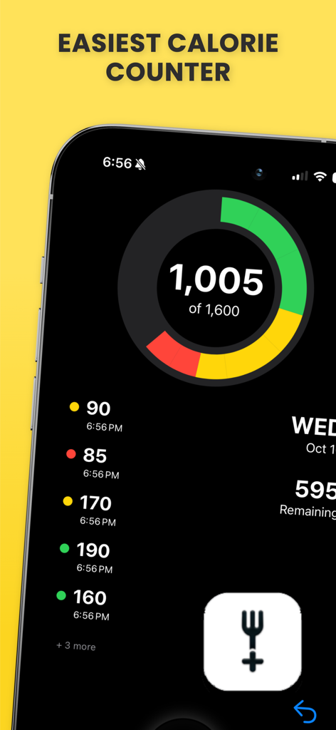 Easiest Calorie Counter - Panel de control minimalista de seguimiento de calorías con un anillo de progreso circular y entradas de registro codificadas por colores
