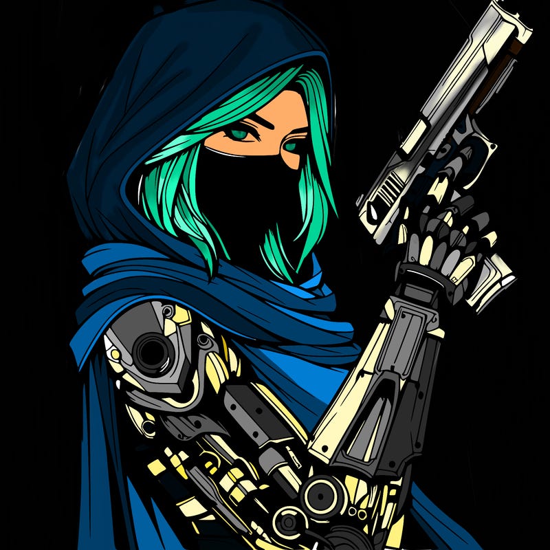 realistic female assassin with metal arm with a cape holding a gun