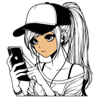realistic girl with a long ponytail and trucker hat holding an iphone
