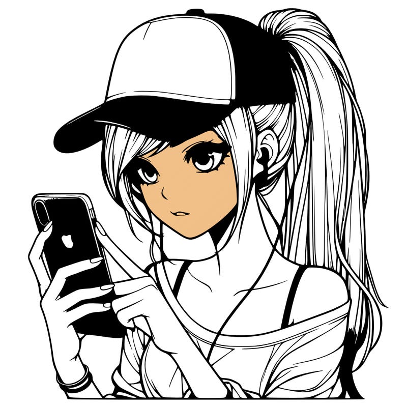 realistic girl with a long ponytail and trucker hat holding an iphone
