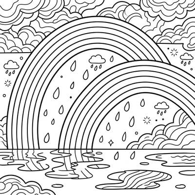 Embrace the beauty of a rainy day transformed by the spectacular sight of double rainbows with this captivating coloring page. Dive into a world of vibrant possibilities, perfect for a peaceful and creative escape.