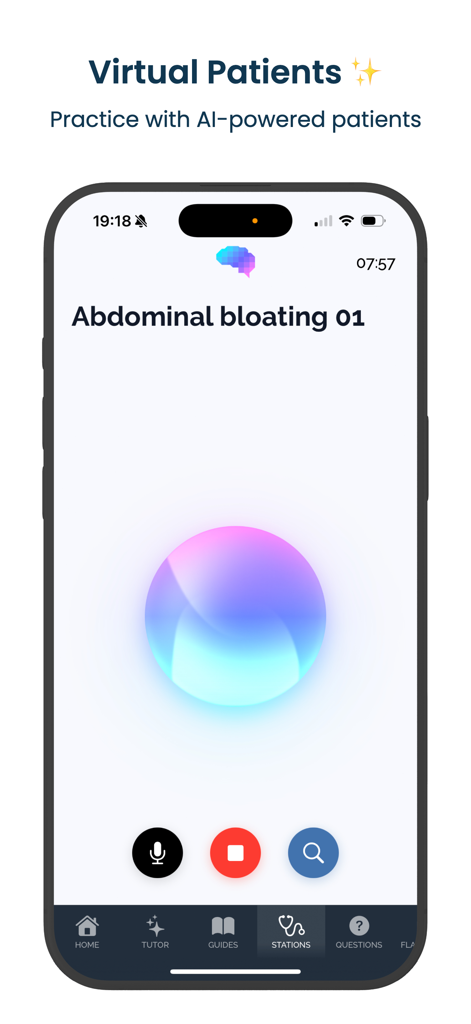Geeky Medics app interface showing a virtual patient AI simulation for abdominal bloating