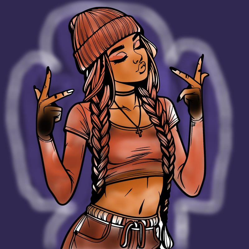 realistic teenage girl with braids and a beanie and crop top doing 🫶🏼