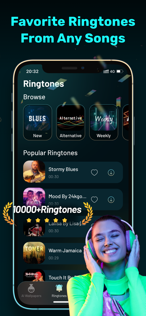 Dream Photo: AI Generator - Mobile app screen showing a library of popular ringtones and music categories