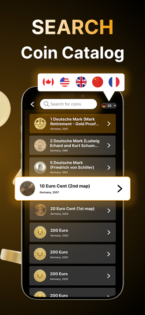 Coin Identifier: Scanner Value - Interfaz de la aplicación identificador de monedas mostrando un catálogo de monedas internacionales con posibilidad de búsqueda