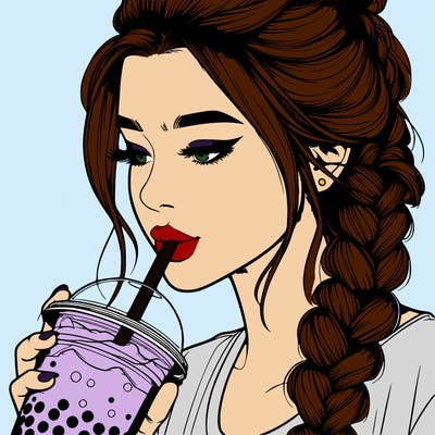 realistic girl drinking boba tea with braided hair