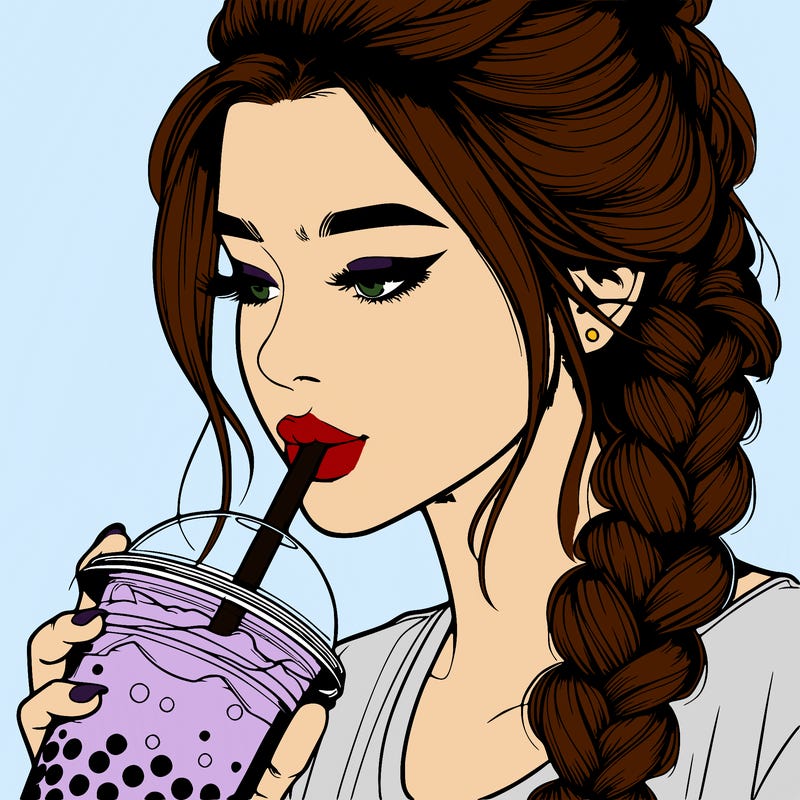 realistic girl drinking boba tea with braided hair