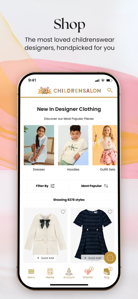 Childrensalon app interface displaying new designer clothing for children including dresses and hoodies