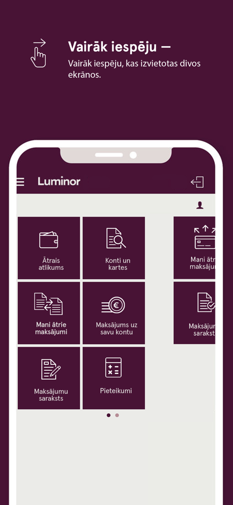 Dashboard dell'app di mobile banking Luminor Latvija che mostra funzionalità di accesso rapido e icone del menu