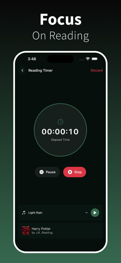 BookPine: Book Tracker Journal - A dark themed reading timer screen in the BookPine app showing elapsed time and ambient sound options for a focused reading session.