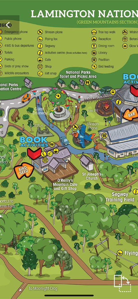 Illustrated interactive map of Lamington National Park and O'Reilly's facilities