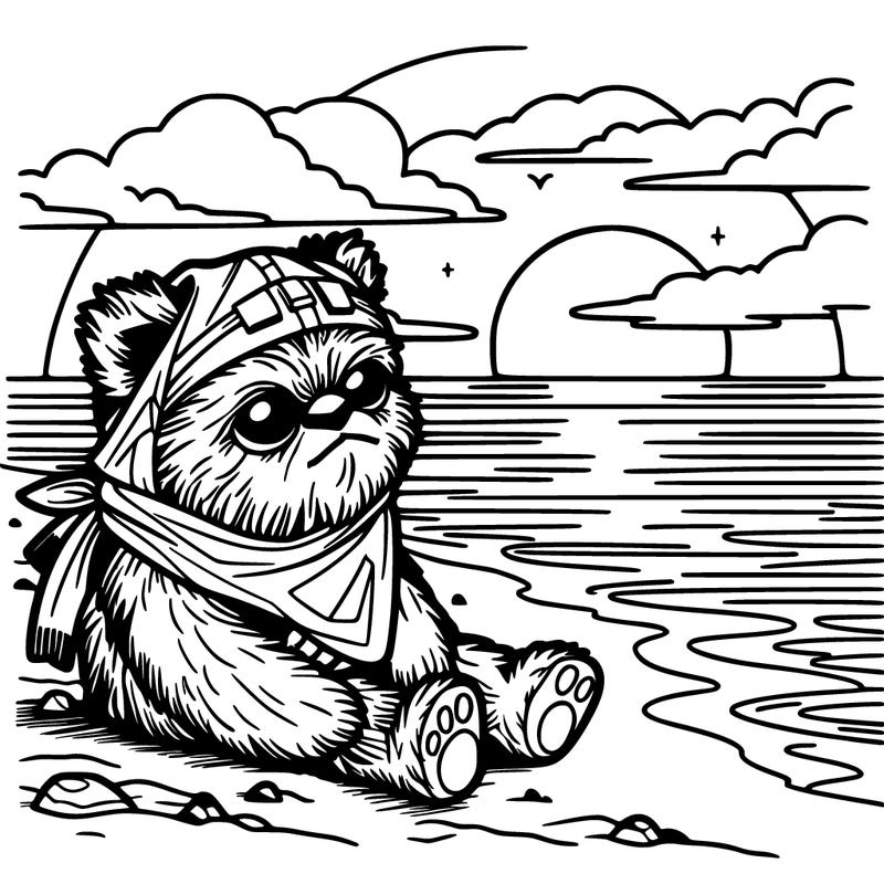 ewok on a beach with a sunset