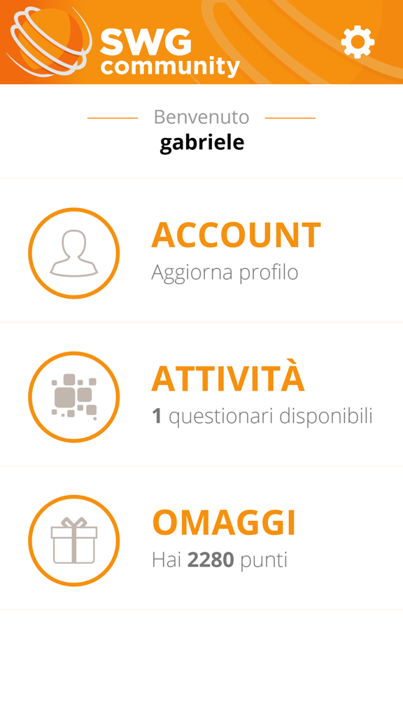 SWG Community - Main interface of SWG Community app featuring sections for user account surveys and earned reward points