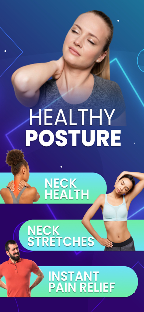 首の健康、ストレッチ、痛みの緩和機能を示す姿勢改善テックネックアプリのスクリーンショット