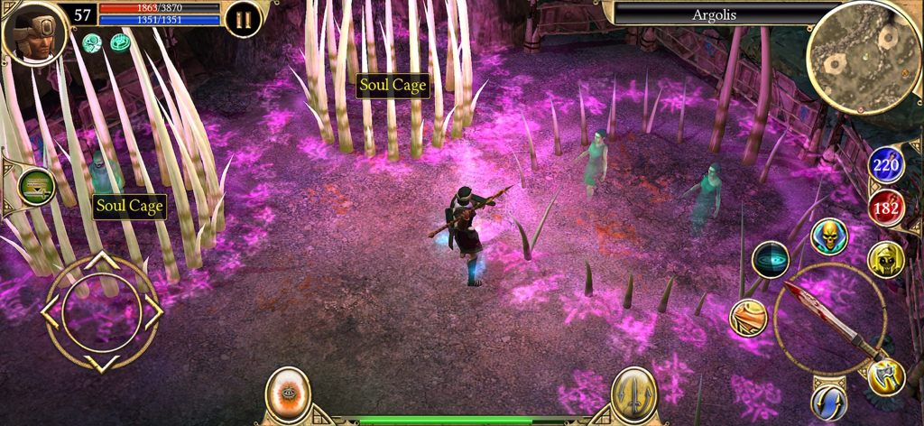 Titan Quest: Legendary Edition - In-game screenshot of Titan Quest Legendary Edition showing a hero character near purple magical runes and soul cages in a dungeon.