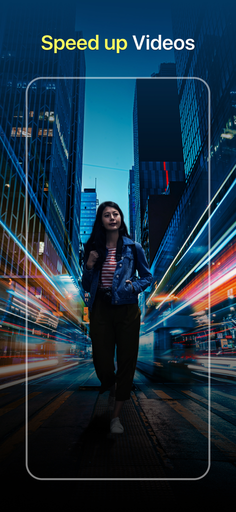 FXMotion app screenshot showing a woman walking through a city at night with motion blur light trails and the text Speed up Videos.