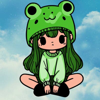 a girl wearing a frog hat and some frog socks