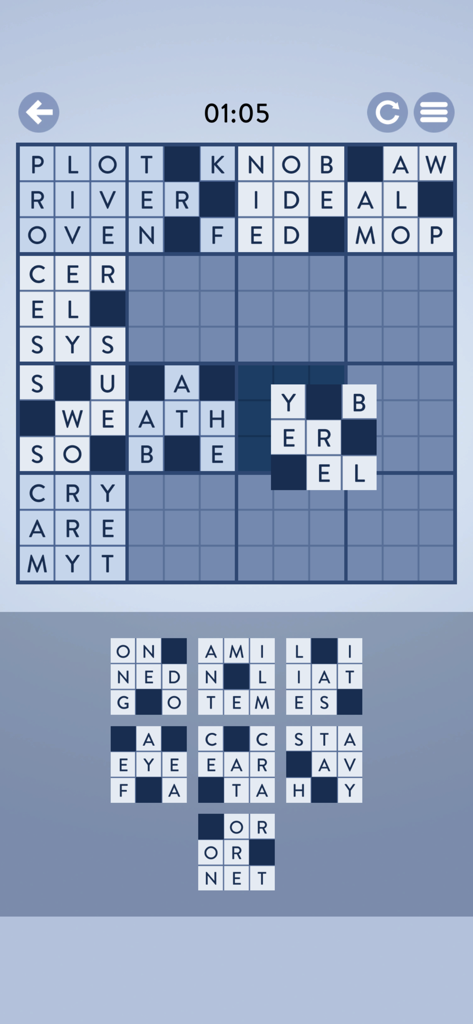 Word Mosaic - Gameplay screen of Word Mosaic showing a word grid and letter tiles to solve the puzzle.