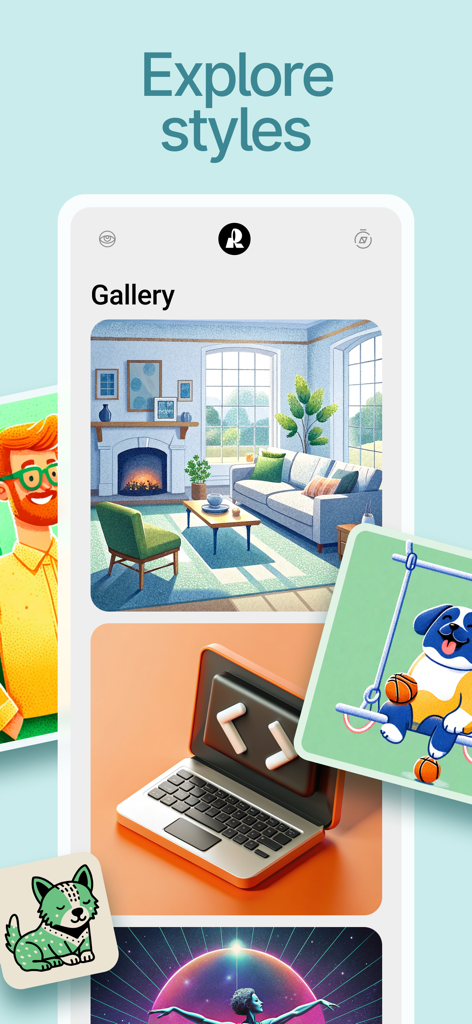 Interfaz de la aplicación Recraft que muestra una galería de varios estilos generados por IA, incluidos gráficos 3D, arte vectorial e ilustraciones digitales