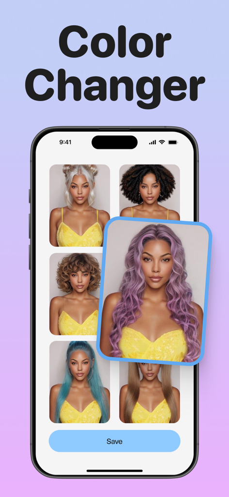 AI Hair Styles, Change Haircut - Interface do aplicativo de mudança de cor de cabelo com IA com várias opções de penteado e cor.