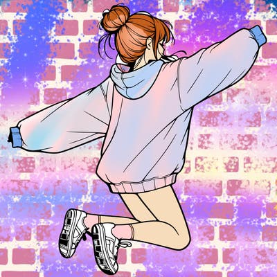 realistic girl jumping with a bun and oversized sweatshirt