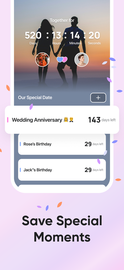 Interface de l'application Love8 montrant un minuteur de relation et les événements à venir tels que les anniversaires de mariage et les anniversaires.