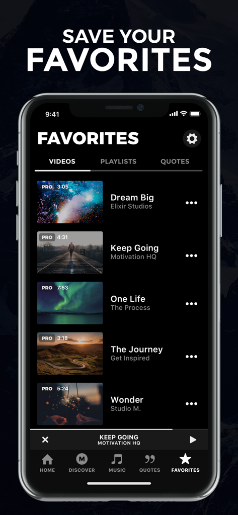 Motivate: Daily Motivation - Schermo di uno smartphone che mostra la sezione preferiti dell'app Motivate con un elenco di video motivazionali salvati