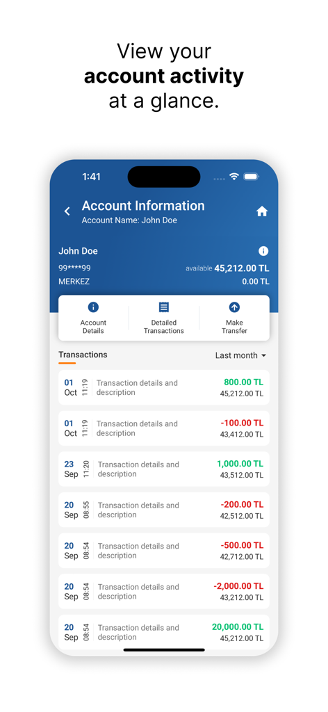 iktisatbank - Pantalla de la aplicación de banca móvil de Iktisatbank que muestra el historial de transacciones de la cuenta y el saldo disponible.