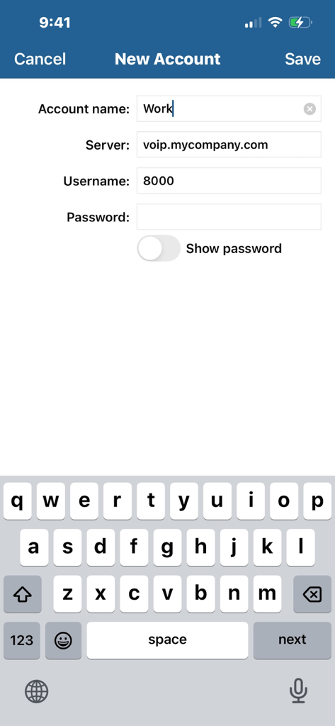 Interfaz de configuración de nueva cuenta de la aplicación FortiFone que muestra campos para servidor, nombre de usuario y contraseña.